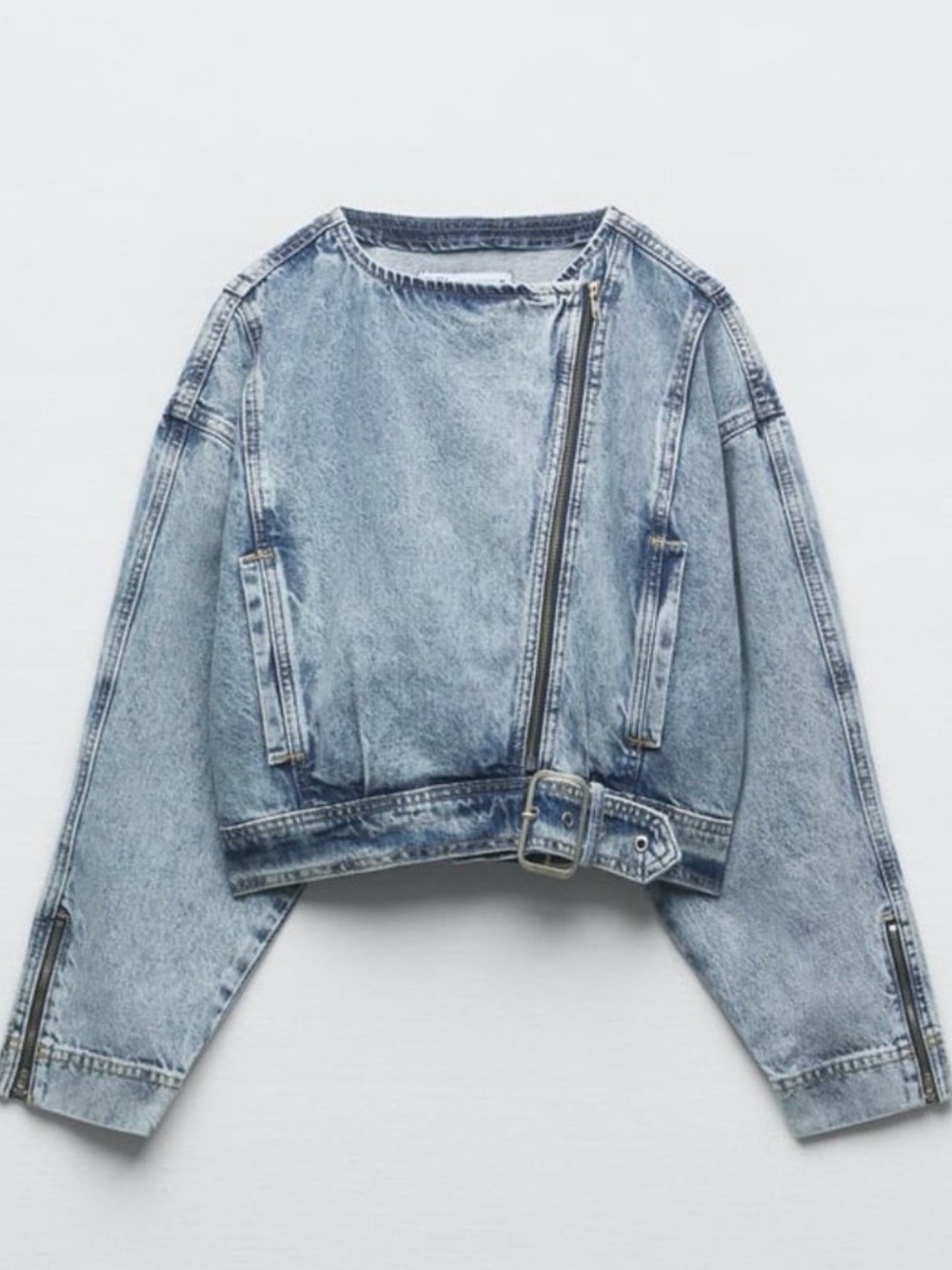 ZARA Faded Light Blue Cropped Denim Moto Jacket